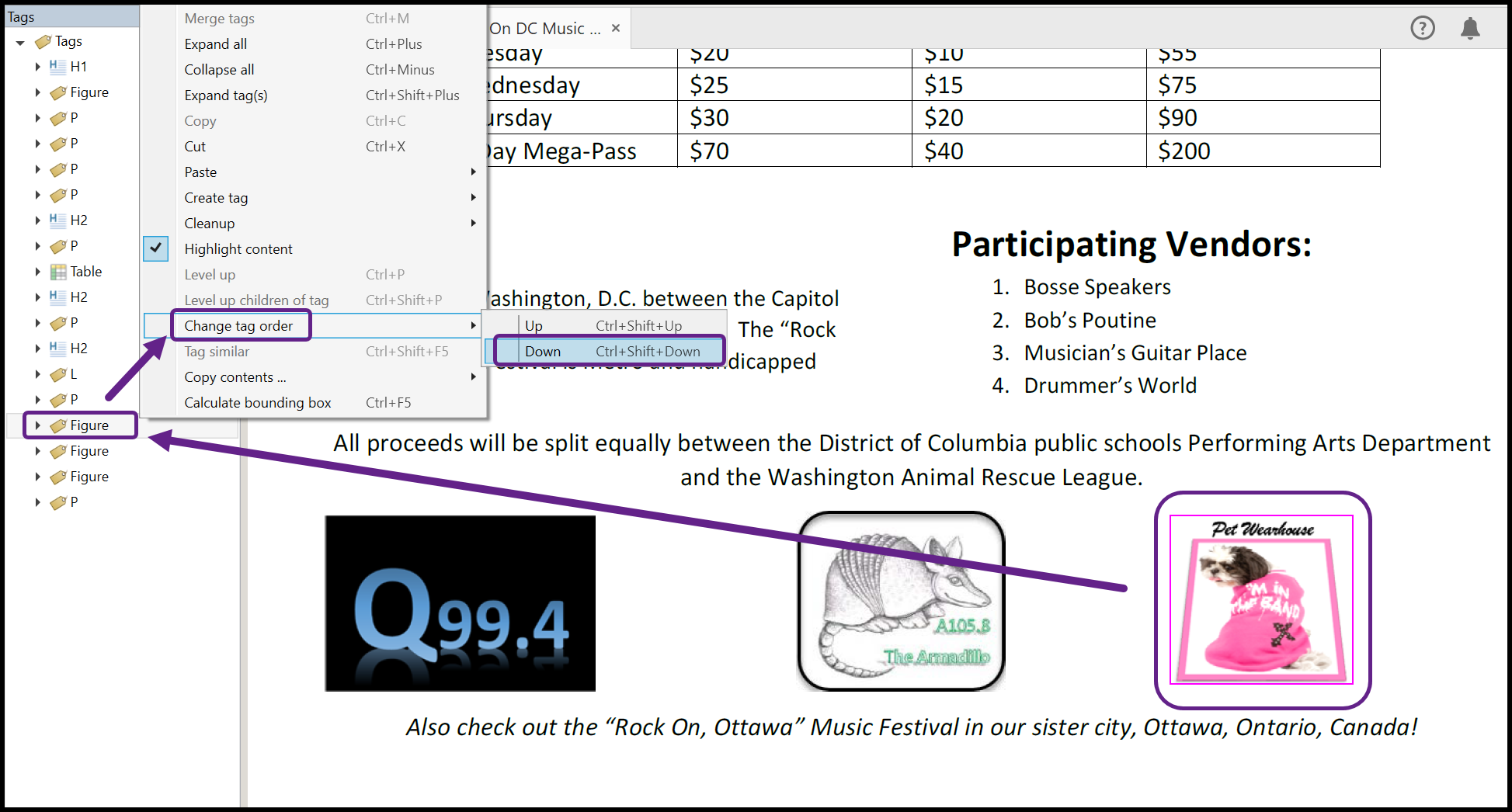 Screenshot showing the right-most Figure selceted with the Change Tag Order command highlighted. 
