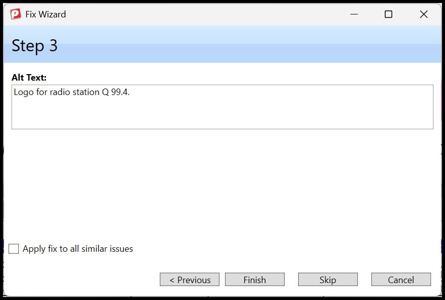 Screenshot showing the Alt text added in Step 3 of the Fix Wizard.