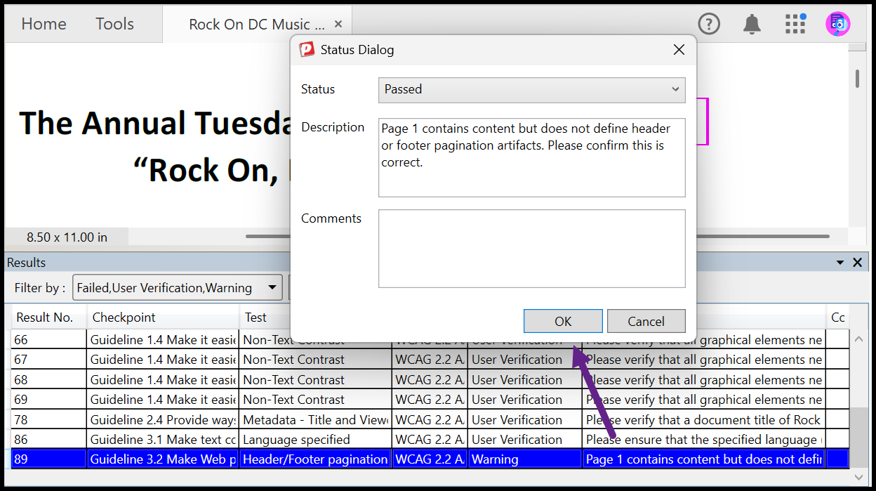 Screenshot showing the Status changed to Passed in the Status dialog box. 