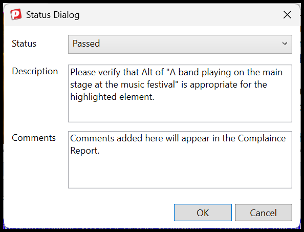 Screenshot of the Status Dialog box with the Status set to Passed, the description of the checkpoint, and a comment in the Comments field.