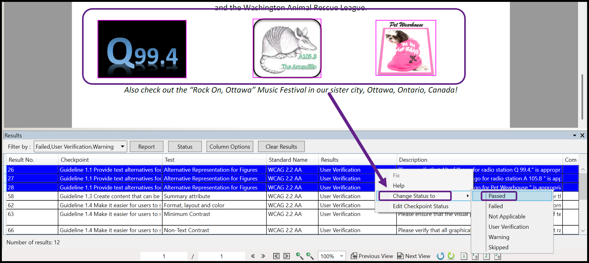 Screenshot showing both results selected, with Passed selected from the Change Status to menu. 