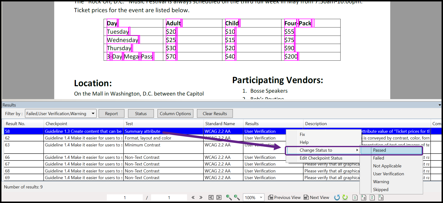 Screenshot showing results selected, with Passed selected from the Change Status to menu. 