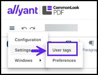 "User tags" is highlighted in the sub-menu.
