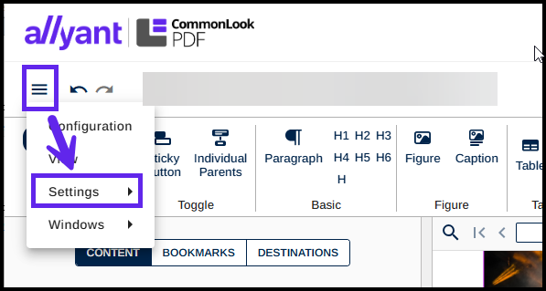 Screenshot showing the hamburger menu open and Settings is highlighted. 