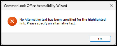 Screenshot of the error message stating No Alternative text has been specified for the highlighted link. Please specify an alternative text. 