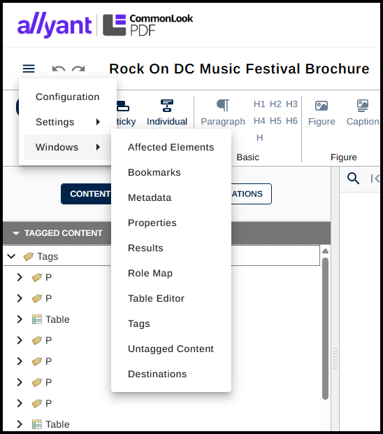 Screenshot showing the Windows menu expanded, listing the other panels a user can then navigate to.