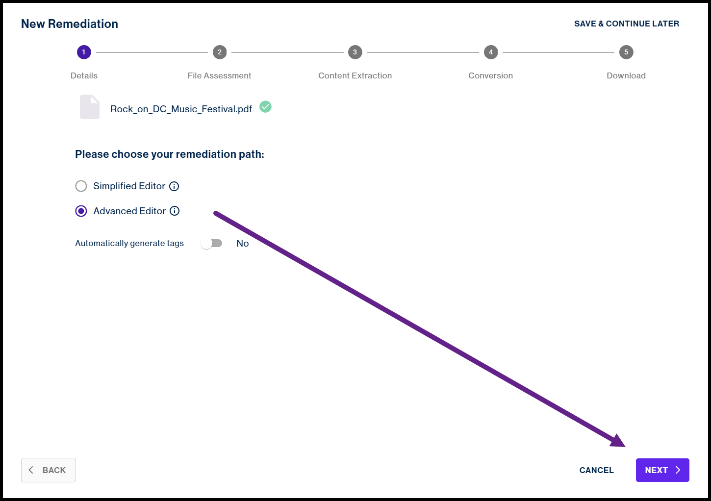 Advanced editor radio button selected and the "Next" button highlighted.