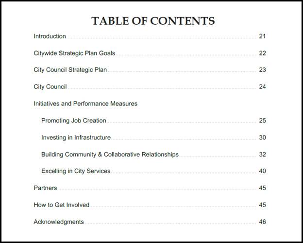 Screenshot of a Table of Contents not in reflow.  The dot leaders are visible on the page, separating the text of the items in the table of contents from their page numbers. 