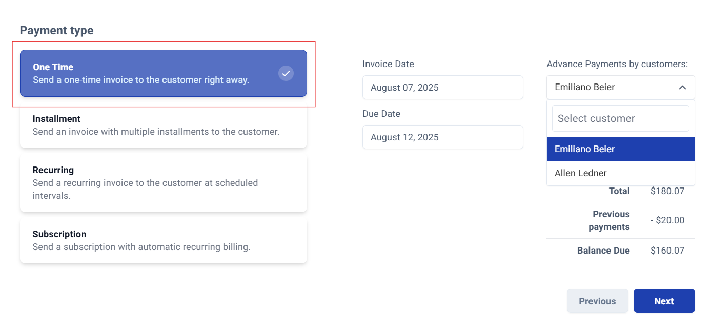 Payment type selection