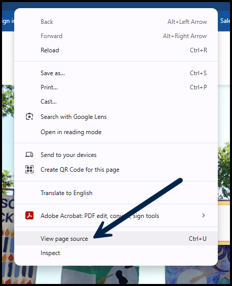 Screenshot highlighting View Page Source.