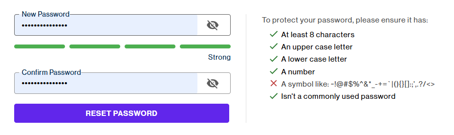 Screenshot of the new password user interface.