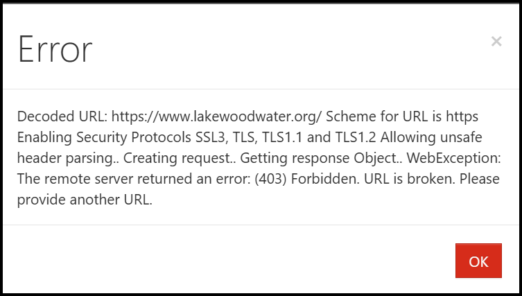 screenshot of the error message in Clarity referring to security protocols, etc. 
