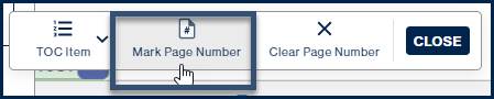 The "Mark Page Number" button is highlighted in the TOC "child toolbar." 