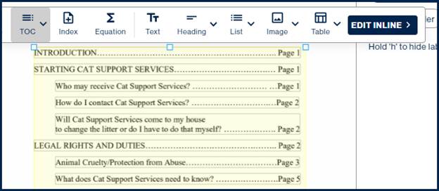 A TOC is selected in the page view and the toolbar is open, showing the TOC button. 