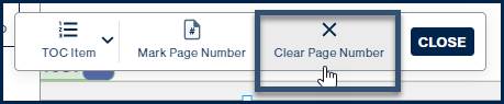 The "Clear Page Number" button is highlighted in the TOC "child toolbar." 