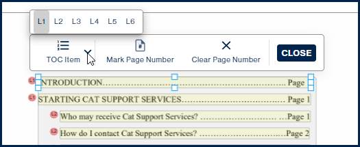 A TOC Item is selected, the TOC Item menu is expanded, and "L1" is highlighted to assign a TOC Item to level 1. 