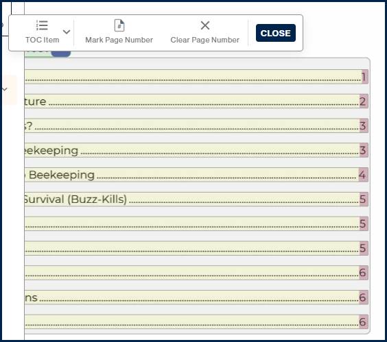 A TOC has been selected in the page view and the child toolbar is open.  On the right side of the page, the page numbers are highlighted.  