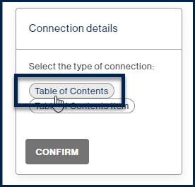 The option for "Table of Contents" is highlighted in the "Connection details" options. 