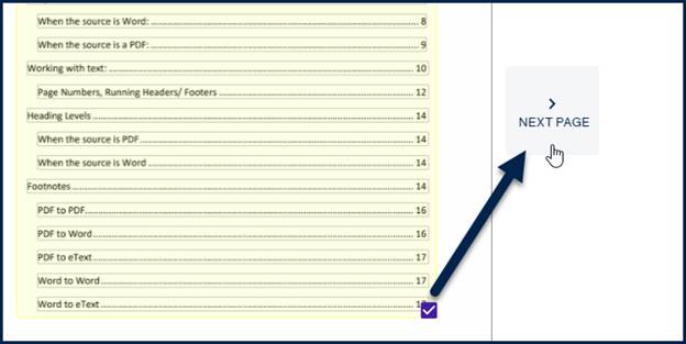 Screenshot of the CL Online interface with a TOC container checked, as mentioned in the previous step, and the "Next Page" button is highlighted. 