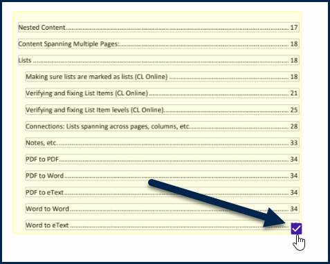 A TOC container is shown on page 2 of the document and the checkbox, in the lower right corner, has been checked. 