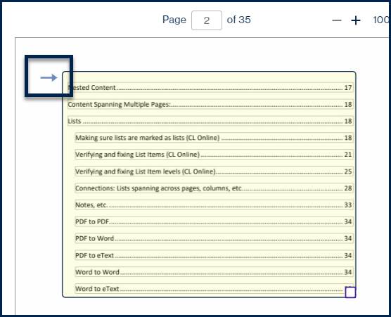 Screenshot showing the TOC container on page 2 and the arrow, indicating the connection. 