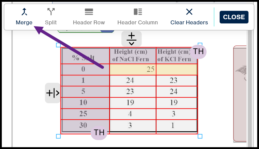 Table cell merging tool shown with two cells selected, and an arrow pointing to the Merge command. 