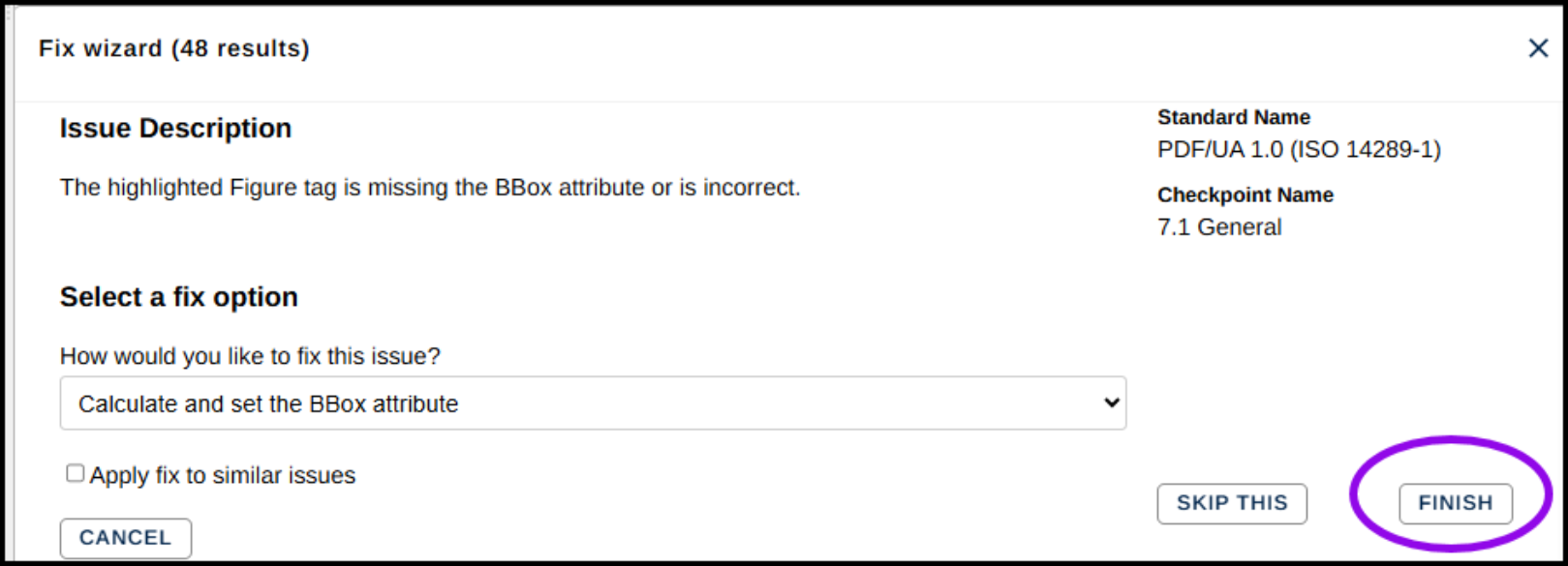 Screenshot of fix wizard of advanced editor open show the fix option, "Calculate and set the BBox attribute, and the finish button highlighted.