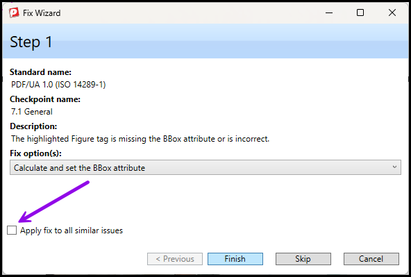 screenshot of desktop fix wizard with an arrow pointing to the checkbox for, "Apply fix to similar issues."