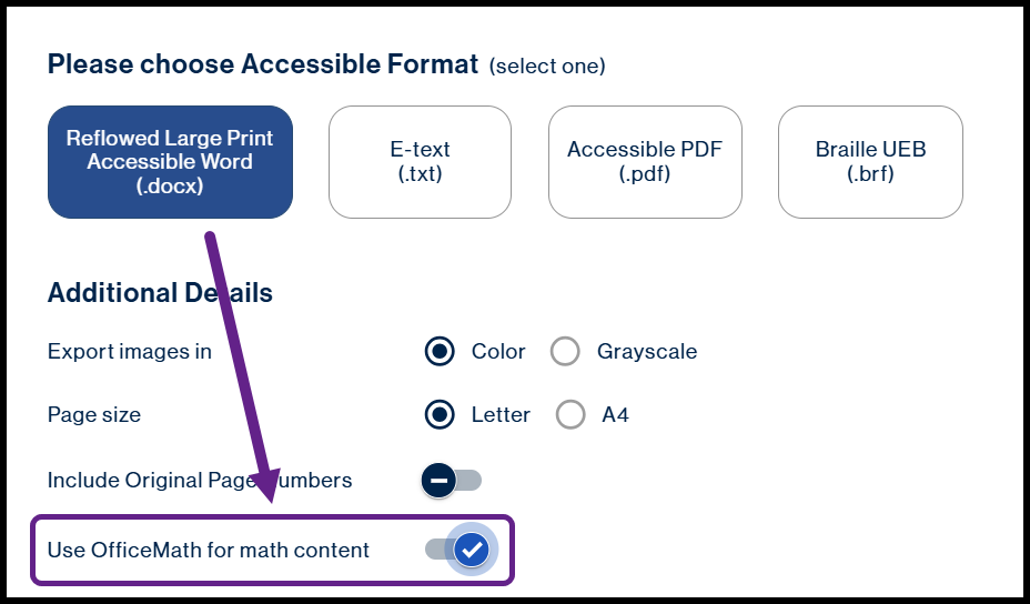 Screenshot showing Reflowed large print Word has been selected as the accessible output and the slider for using OfficeMath is set to "Yes."