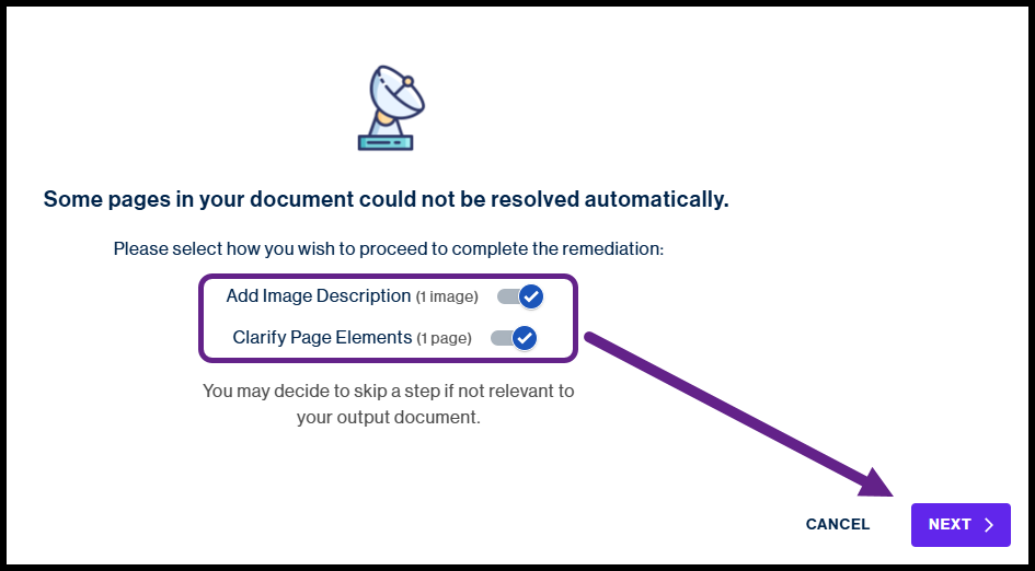 The sliders for "Add image description" and "Clarify page elements" are shown in the "on" position.  The "Next" button is highlighted.