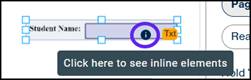  The Student Name text container with a circle showing the "i" inline content icon and the tooltip of, Click here to see inline elements.