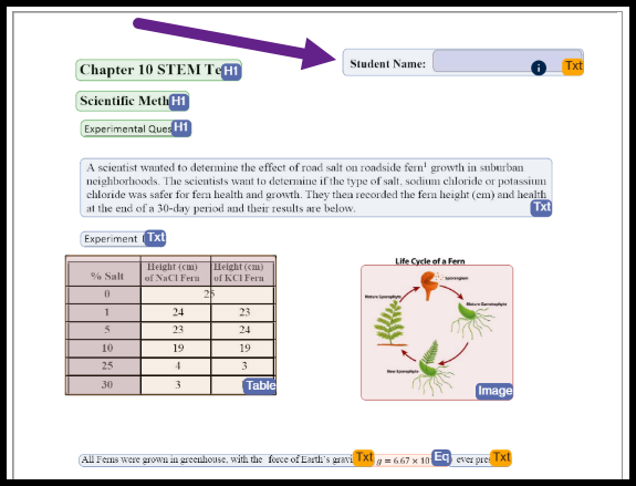 An interactive document interface displays a scientific worksheet with a purple arrow pointing toward a "Student Name" form field tagged as text.