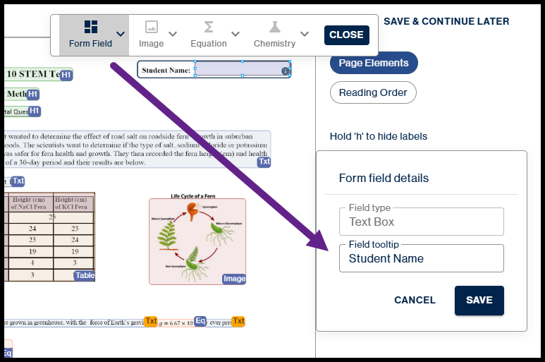 The "Form field details" sidebar is open, with a purple arrow indicating the "Field tooltip" input where "Student Name" has been entered to label the corresponding text box.