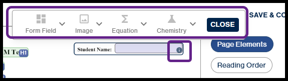 The document editor toolbar is highlighted with a purple border, showing options for Form Field, Image, Equation, and Chemistry, with a second smaller box highlighting the information icon on the "Student Name" form field.