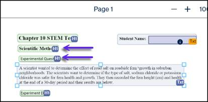 CL Online demo doc, with an arrow indicating the H1 container for Scientific Method and another for the Experimental Question container.