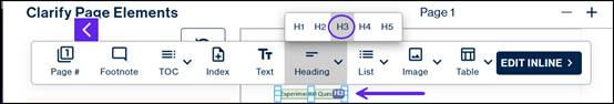The container for Experimental Question displayed, with the Headings dropdown menu open in the toolbar and H3 circled. 