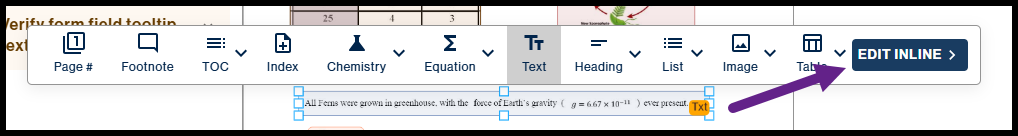 The document editor toolbar is displayed above a line of text, with a purple arrow pointing toward the EDIT INLINE button to allow manual modification of the content.
