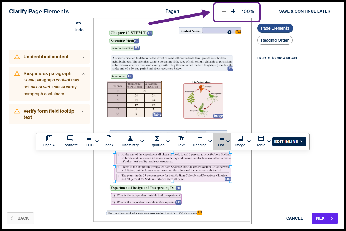 The "Clarify Page Elements" interface is shown with a purple box and arrow highlighting the zoom controls, currently set to 100%, at the top of the document view.