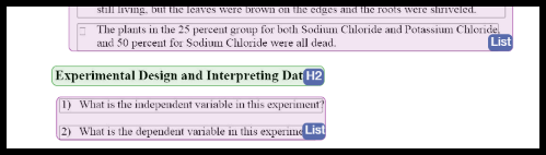 The document editor shows a heading titled "Experimental Design and Interpreting Dat" tagged with an H2 label, followed by a two-item numbered list successfully tagged with a List label.