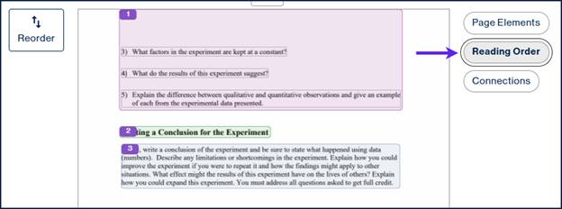 The reading order of page two button highlighted and the reading order of the three content containers is shown.  