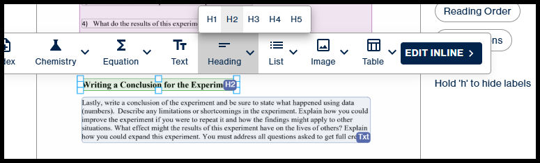 The Heading container selected with the toolbar open and H2 selected on the heading button dropdown.  