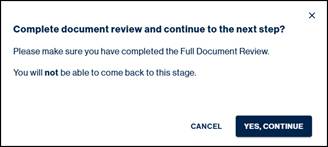 A warning dialog box asks you if the review is complete and the yes continue button is selected.