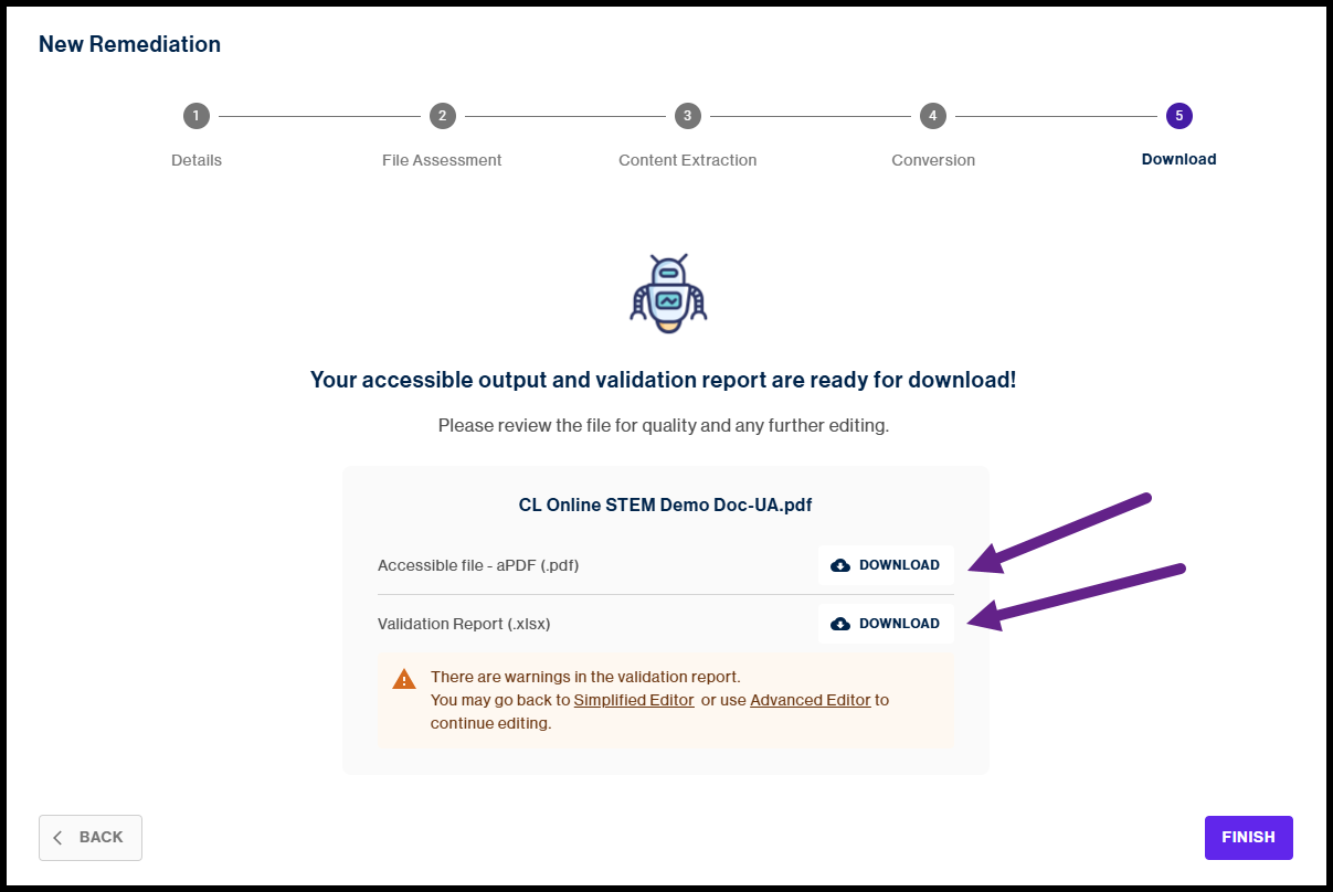 The New Remediation page, saying the  PDF/UA document and the validation report is ready for download, and arrows pointing to the Download buttons.