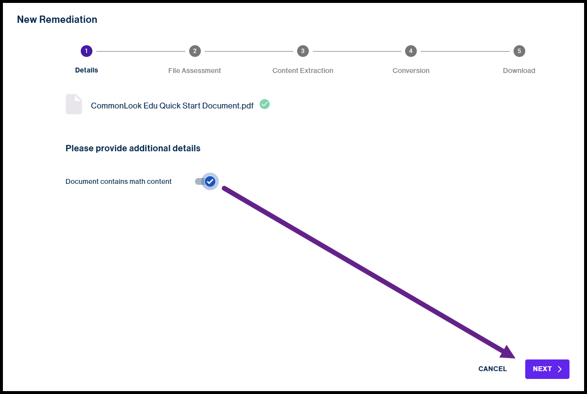 A screenshot of the "New Remediation" setup screen showing a selected PDF and a purple arrow indicating that the "Document contains math content" toggle should be enabled before clicking "Next."