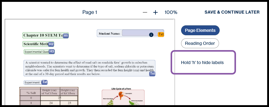 "Hold "H" to hide labels" displayed on the CL Online Page elements screen interface.  