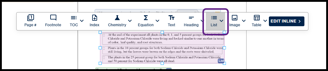 The document editor toolbar is shown with the List option highlighted in a purple box, while below it, a multi-line list in the document is selected and correctly tagged with a "List" label.