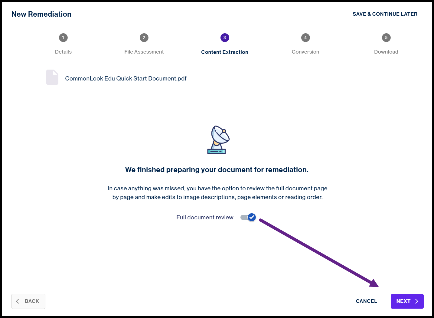 The Full document review screen and an arrow showing  the Next button.  