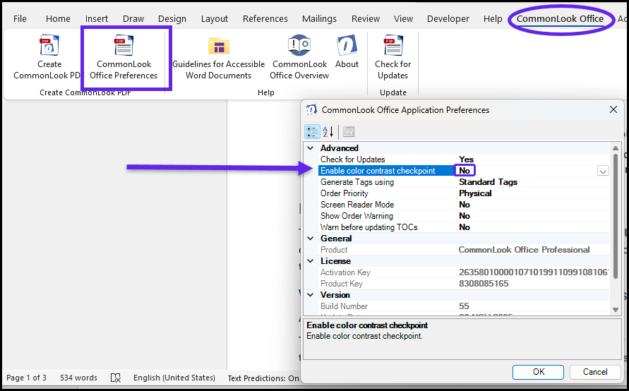 screenshot of the CommonLook Office Preference dialog box open with the no setting toggled on for enable color contrast checkpoint.  