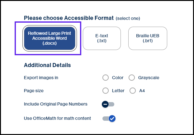 The Coose accessible format screen with reflowed large print accessible word button selected with the additional detail choices displayed.