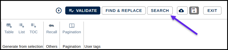 screenshot of The Search Tags button highlighted in the advanced editor interface at the top right.